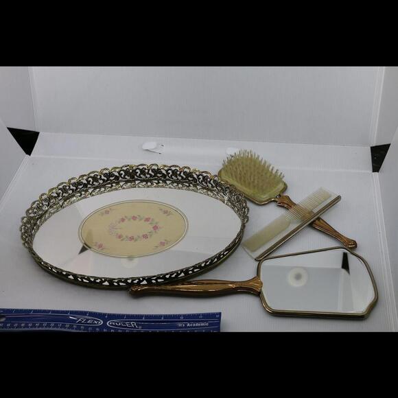 Vintage Ornate Mirrored Vanity Tray Brush Comb Hand Held Mirror - Picture 1 of 8